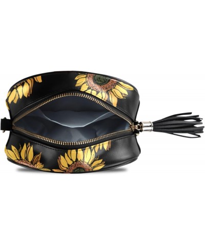 Small Crossbody Bag Sunflower Floral Black Womens Shoulder Chain Bag PU Leather Small Purse With Tassel $11.52 Shoulder Bags