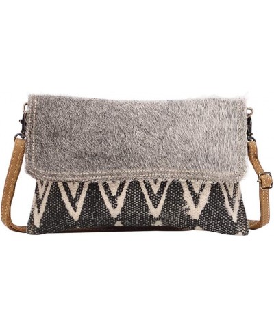 Pearl Grey Upcycled Canvas & Cowhide Small Crossbody Bag S-1490 $12.29 Crossbody Bags