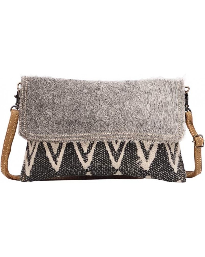 Pearl Grey Upcycled Canvas & Cowhide Small Crossbody Bag S-1490 $12.29 Crossbody Bags