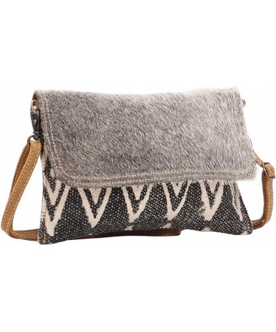 Pearl Grey Upcycled Canvas & Cowhide Small Crossbody Bag S-1490 $12.29 Crossbody Bags