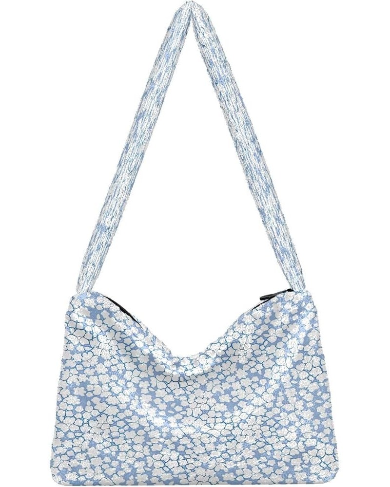 Colorful Flowers Designed Crossbody Hobo Handbags, Fuzzy Tote One Shoulder Purse Small Flower White Blue $10.50 Totes