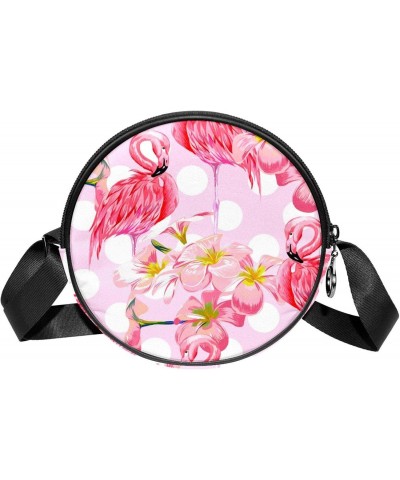 Flamingo and Pink Flower on Polka Dots Crossbody Bag for Women Teen Girls Round Canvas Shoulder Bag Purse Tote Handbag Bag $1...