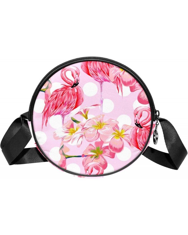 Flamingo and Pink Flower on Polka Dots Crossbody Bag for Women Teen Girls Round Canvas Shoulder Bag Purse Tote Handbag Bag $1...