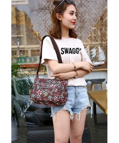 Single shoulder Messenger Crossbody Bag Nylon Purse Satchel For Women Ladies Travel Handbag Brown Flower $12.71 Satchels