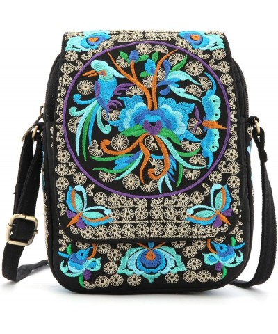 Flowers Embroidery Canvas Crossbody Bag, Women Messenger Bag, Cellphone Pouch Purse Style 01: Bigger Version - Blue Multicolo...