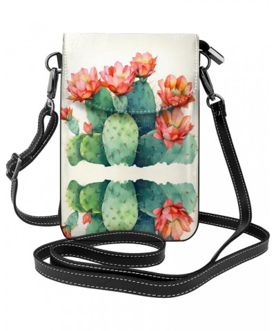 women leather Cell Phone Purse watercolour cactus pattern Multifunction,Soft, durable,Convenient for daily use and travel Bla...