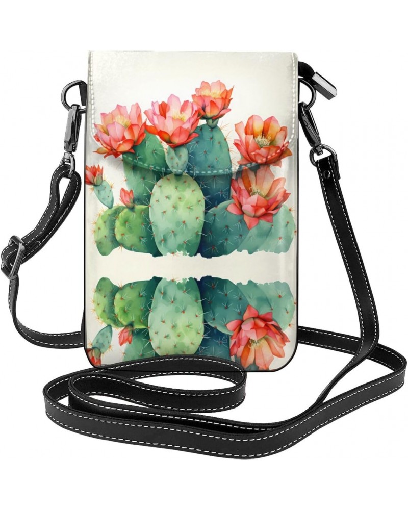 women leather Cell Phone Purse watercolour cactus pattern Multifunction,Soft, durable,Convenient for daily use and travel Bla...