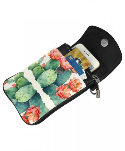 women leather Cell Phone Purse watercolour cactus pattern Multifunction,Soft, durable,Convenient for daily use and travel Bla...