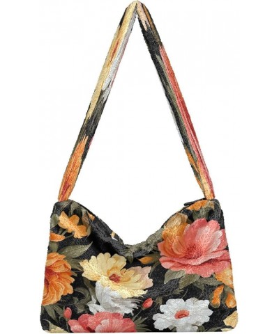 Tropical Leaves Women Shoulder Bag, Fall Shoulder Bags for Women, Womens Outdoor Bag Orange and Pink Flowers on Black-1 $10.9...