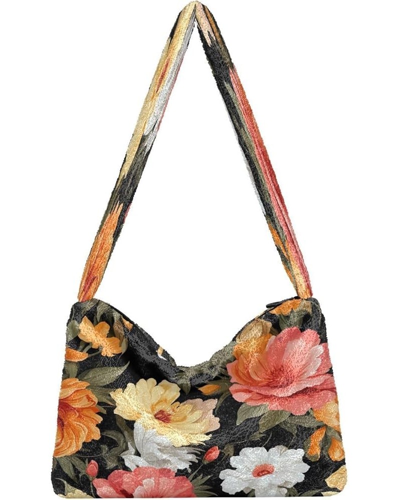 Tropical Leaves Women Shoulder Bag, Fall Shoulder Bags for Women, Womens Outdoor Bag Orange and Pink Flowers on Black-1 $10.9...