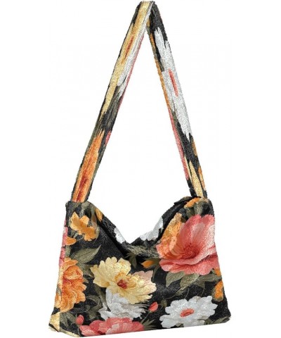 Tropical Leaves Women Shoulder Bag, Fall Shoulder Bags for Women, Womens Outdoor Bag Orange and Pink Flowers on Black-1 $10.9...