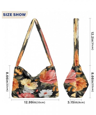 Tropical Leaves Women Shoulder Bag, Fall Shoulder Bags for Women, Womens Outdoor Bag Orange and Pink Flowers on Black-1 $10.9...