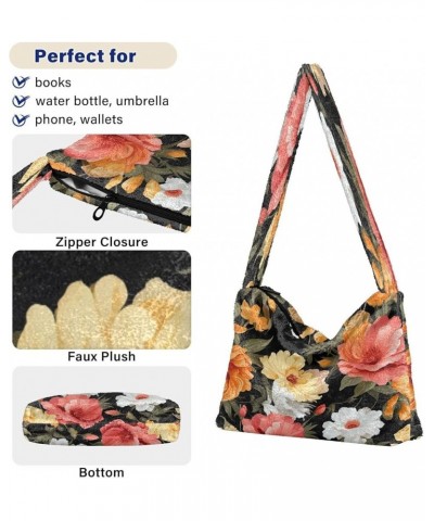 Tropical Leaves Women Shoulder Bag, Fall Shoulder Bags for Women, Womens Outdoor Bag Orange and Pink Flowers on Black-1 $10.9...