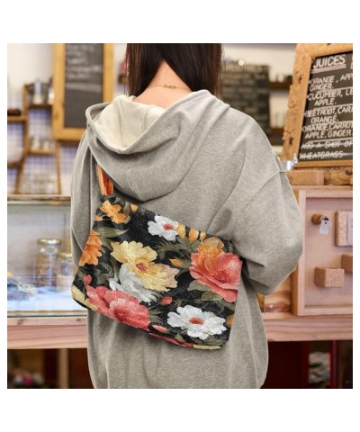 Tropical Leaves Women Shoulder Bag, Fall Shoulder Bags for Women, Womens Outdoor Bag Orange and Pink Flowers on Black-1 $10.9...