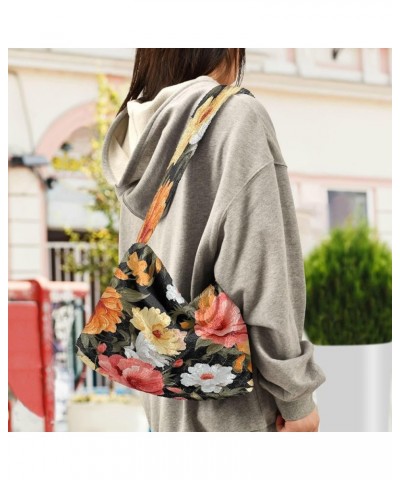 Tropical Leaves Women Shoulder Bag, Fall Shoulder Bags for Women, Womens Outdoor Bag Orange and Pink Flowers on Black-1 $10.9...