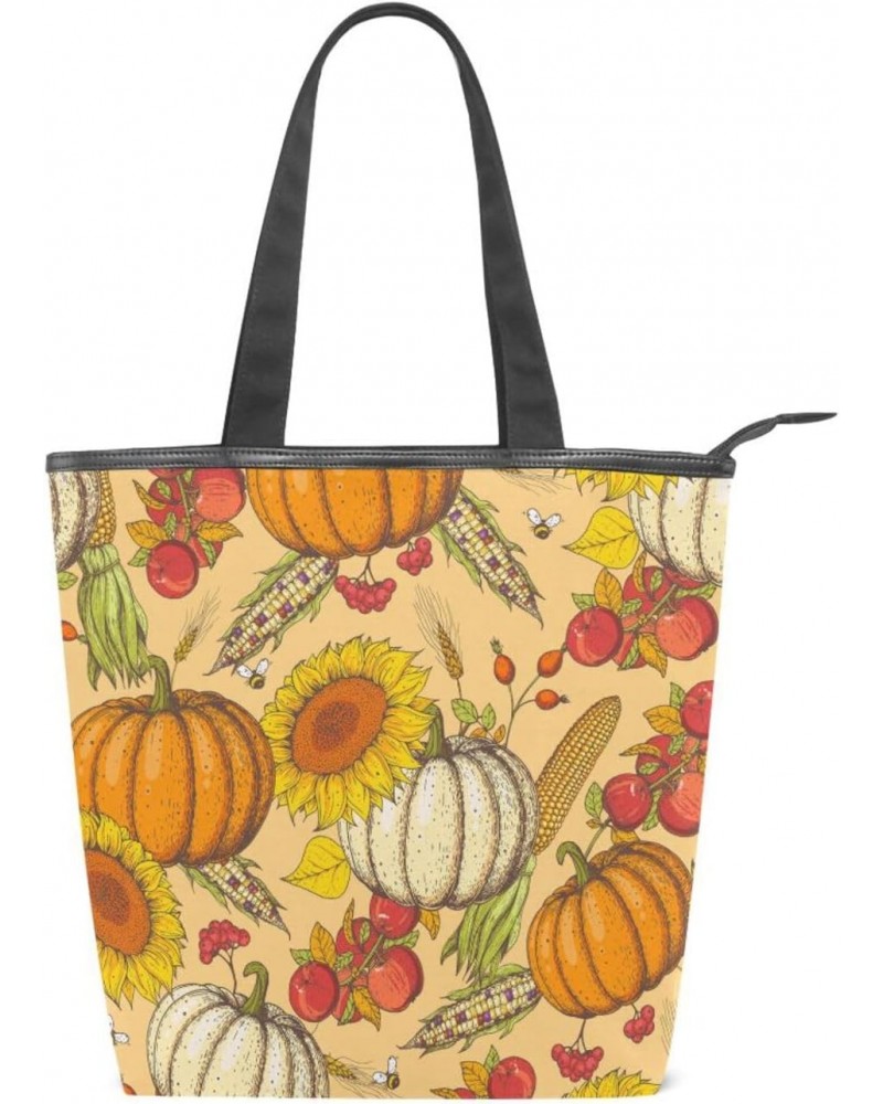 Tote Bag Pumpkin Maple Leaves Sunflower Canvas Zippered Tote Handbag for Women with 2 Interior Pockets $11.27 Totes