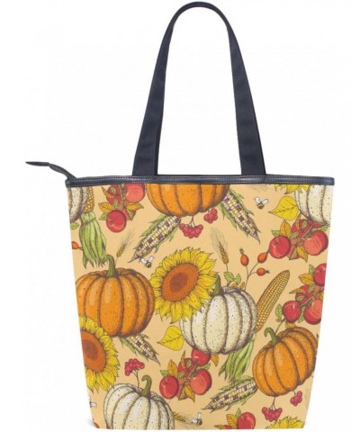 Tote Bag Pumpkin Maple Leaves Sunflower Canvas Zippered Tote Handbag for Women with 2 Interior Pockets $11.27 Totes