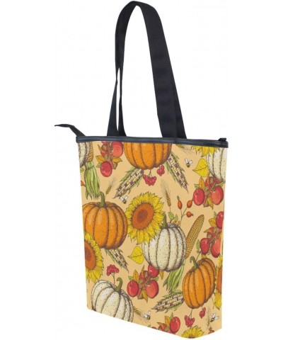 Tote Bag Pumpkin Maple Leaves Sunflower Canvas Zippered Tote Handbag for Women with 2 Interior Pockets $11.27 Totes