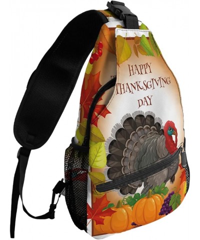 Sling Backpack, Thanksgiving Fall Rrtro Turkey Maple Leaf Orange Plaid Waterproof Lightweight Small Sling Bag, Travel Chest B...