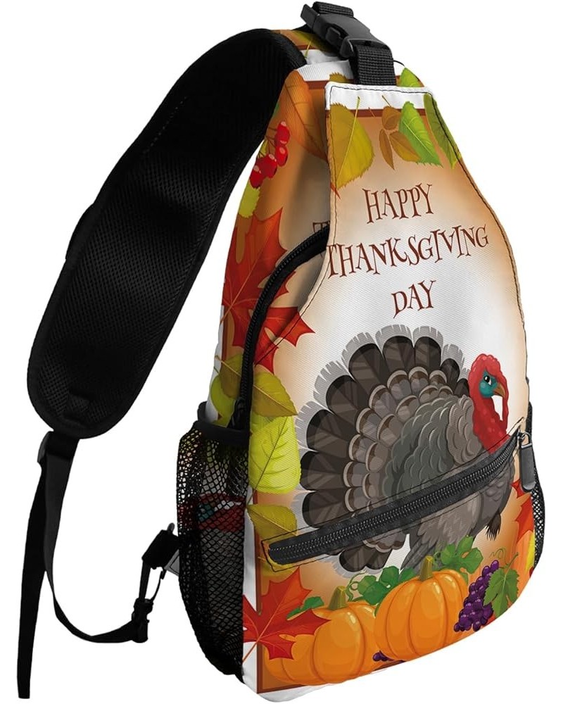 Sling Backpack, Thanksgiving Fall Rrtro Turkey Maple Leaf Orange Plaid Waterproof Lightweight Small Sling Bag, Travel Chest B...