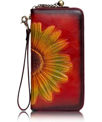 Women's Leather Wallet with Floral Pattern, Zip Around Cell Phone Wristlet Clutch Purse, RFID Blocking Card Holder Red $22.45...