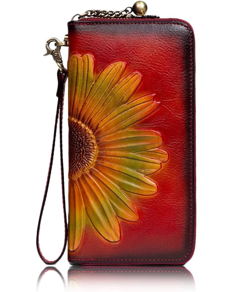 Women's Leather Wallet with Floral Pattern, Zip Around Cell Phone Wristlet Clutch Purse, RFID Blocking Card Holder Red $22.45...