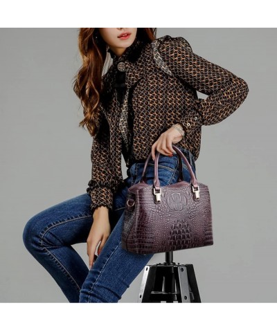 Crocodile Satchel Handbag for Women Top Handle Purse Fashion Leather Shoulder Crossbody Bag Large Ladies Tote Purple $31.74 T...