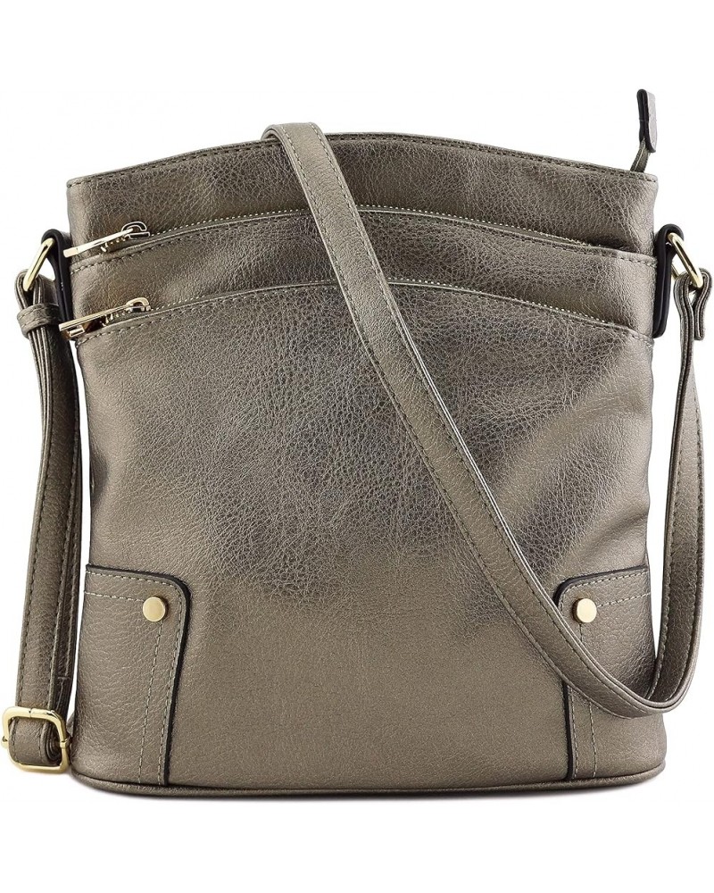 Triple Zip Pocket Large Crossbody Bag Pewter (Metallic) $17.97 Crossbody Bags