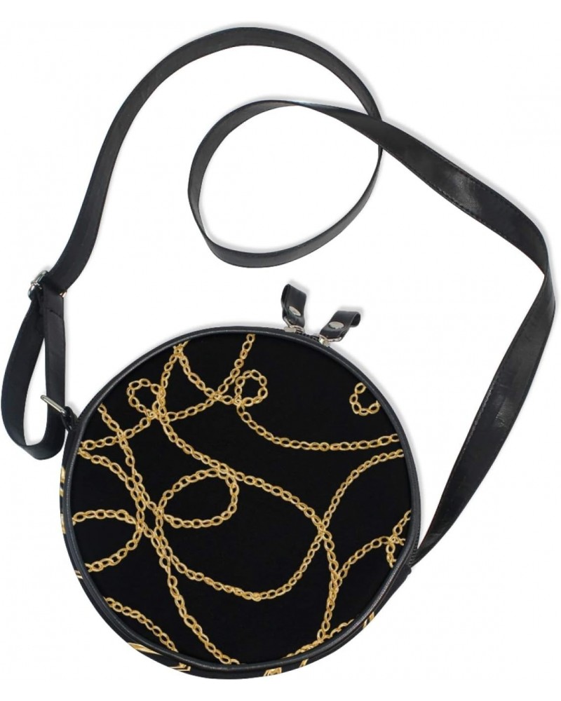 Stylish Chain On Black Crossbody Bag Small Canvas Shoulder Round Bag for Women $10.44 Shoulder Bags