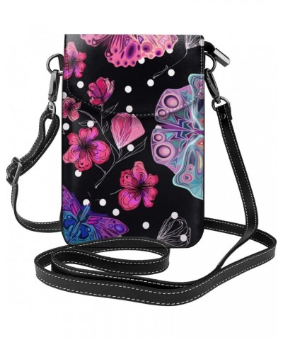 Pink Flower and Butterflies Leather Small Crossbody Bags for Women Cell Phone Bag Wallet Purses $18.35 Crossbody Bags