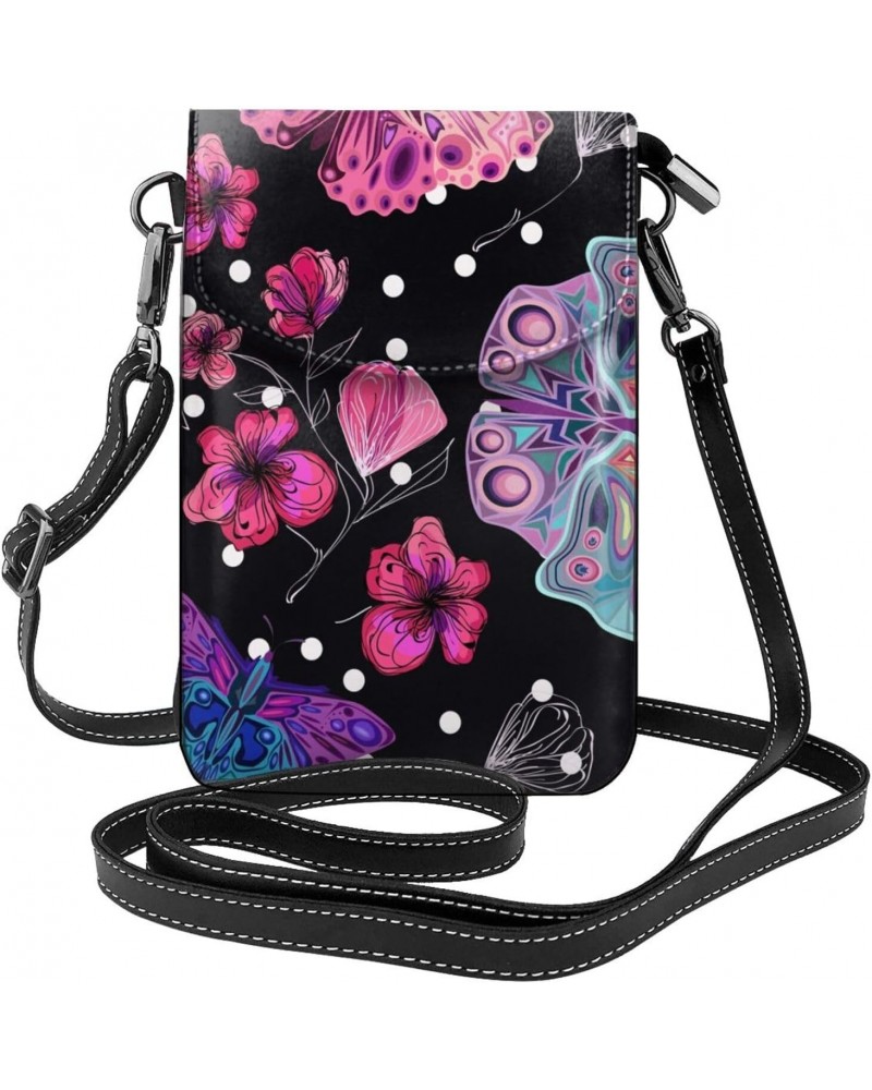 Pink Flower and Butterflies Leather Small Crossbody Bags for Women Cell Phone Bag Wallet Purses $18.35 Crossbody Bags