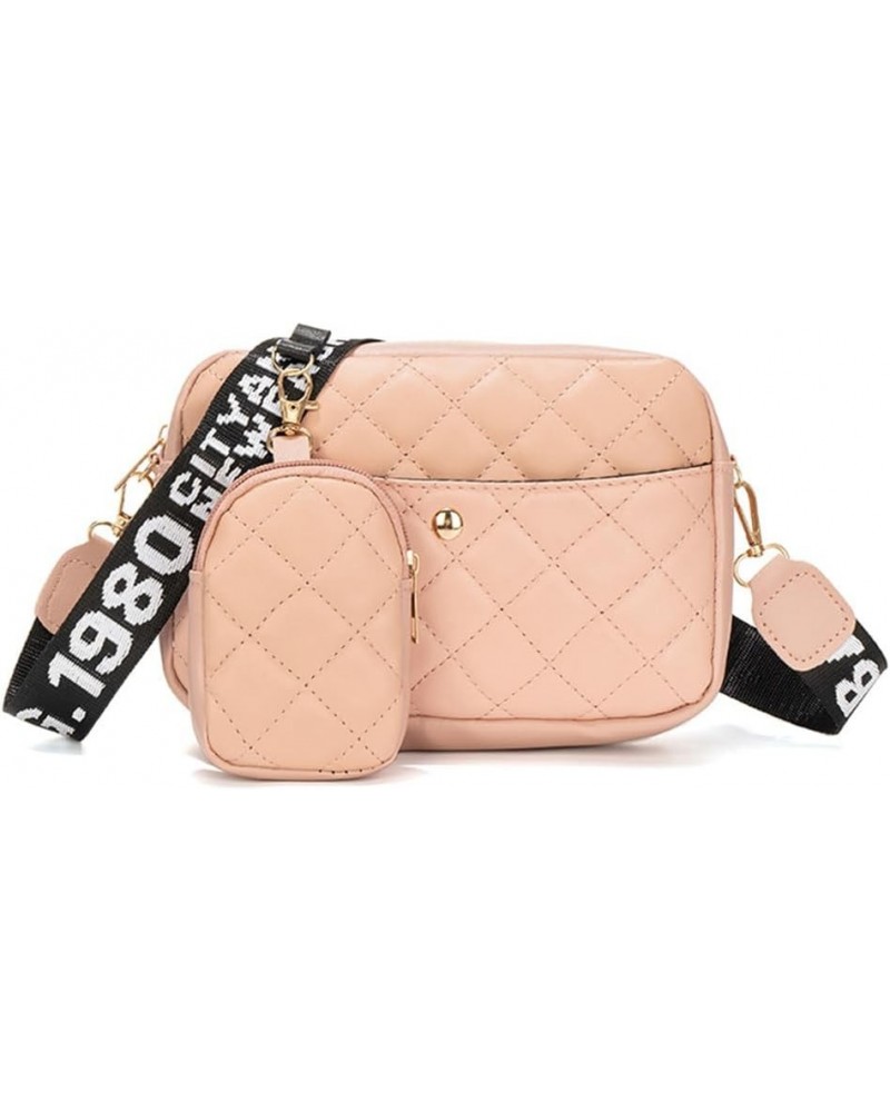 Women Lattice Bag Quilted Mobile Phone Bag PU Leather Solid Color Wide Letter Strap Simple Bag with Matching Clutch S Pink $7...