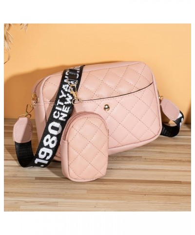 Women Lattice Bag Quilted Mobile Phone Bag PU Leather Solid Color Wide Letter Strap Simple Bag with Matching Clutch S Pink $7...