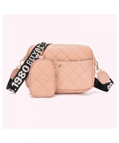 Women Lattice Bag Quilted Mobile Phone Bag PU Leather Solid Color Wide Letter Strap Simple Bag with Matching Clutch S Pink $7...