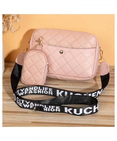 Women Lattice Bag Quilted Mobile Phone Bag PU Leather Solid Color Wide Letter Strap Simple Bag with Matching Clutch S Pink $7...