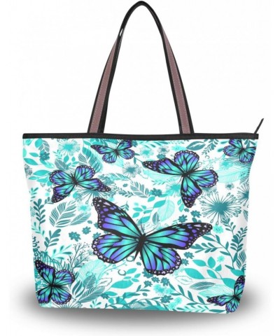 Womens Tote Bag, Teal Butterflies Ladies Zip Shoulder Handbags $12.47 Shoulder Bags