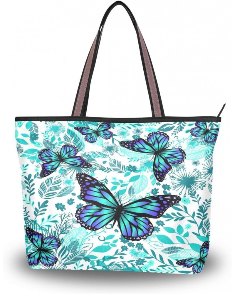 Womens Tote Bag, Teal Butterflies Ladies Zip Shoulder Handbags $12.47 Shoulder Bags