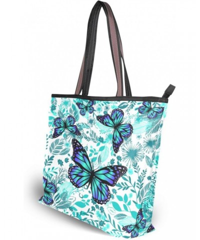 Womens Tote Bag, Teal Butterflies Ladies Zip Shoulder Handbags $12.47 Shoulder Bags