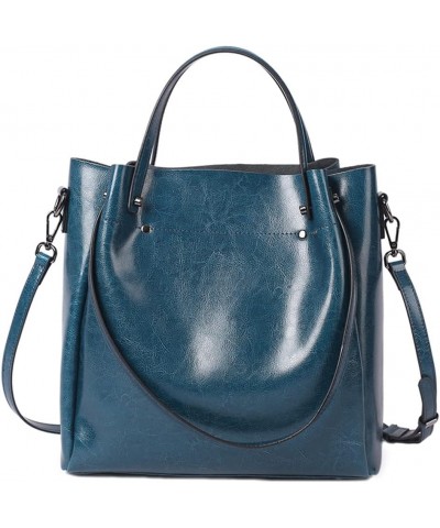 Top Handle Tote Bag Oil Wax Leather Shoulder Bag Genuine Leather Handbag Retro Satchel Hobo Purse Blue $52.46 Totes