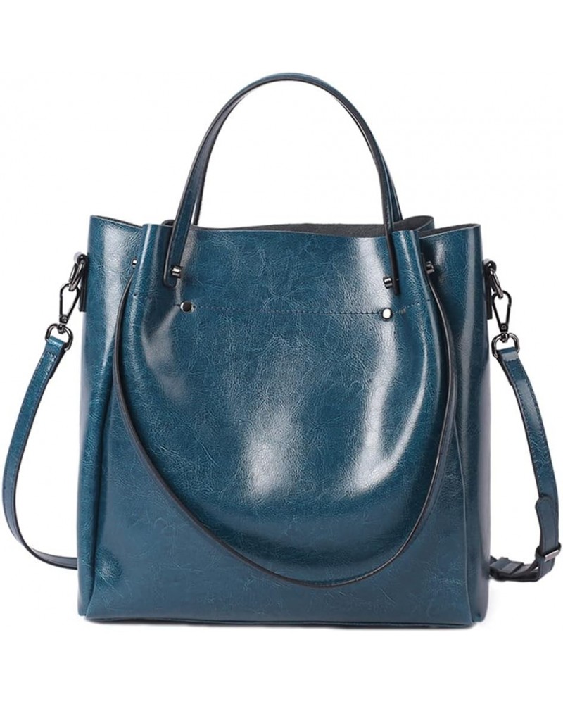 Top Handle Tote Bag Oil Wax Leather Shoulder Bag Genuine Leather Handbag Retro Satchel Hobo Purse Blue $52.46 Totes