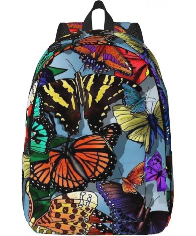 Hand Drawn Color Butterfly Print Unisex Canvas Backpack Cute Backpack For Travel Sports Casual Aesthetic Backpack Black Mediu...