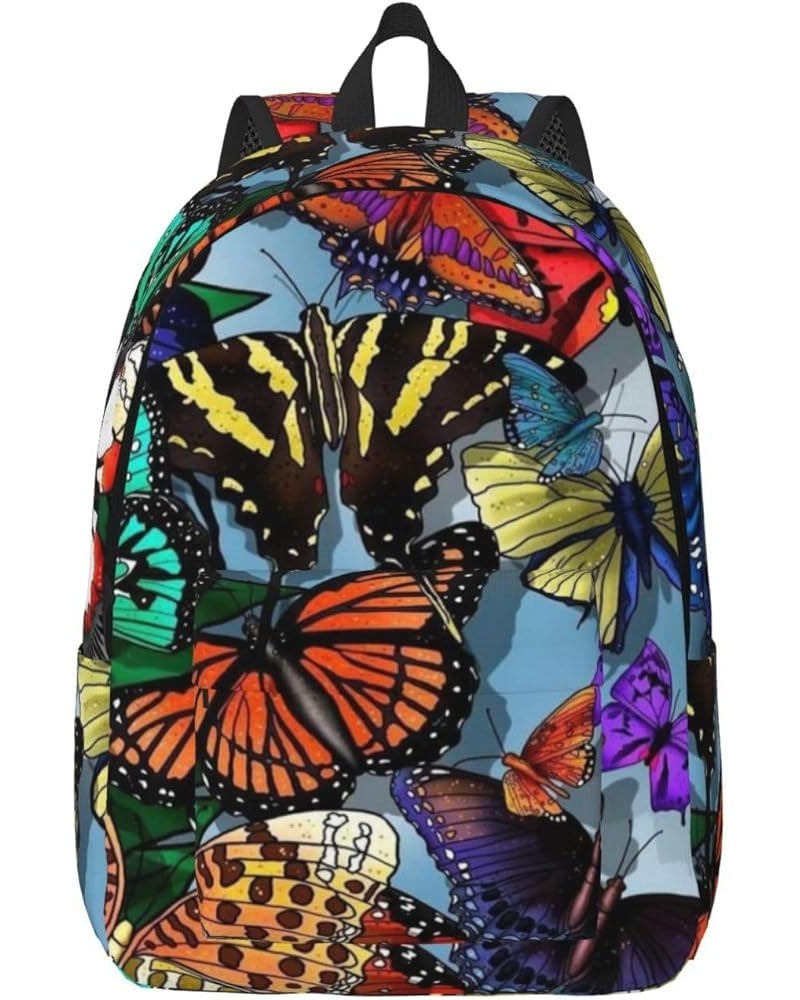 Hand Drawn Color Butterfly Print Unisex Canvas Backpack Cute Backpack For Travel Sports Casual Aesthetic Backpack Black Mediu...