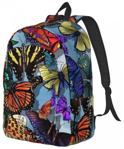 Hand Drawn Color Butterfly Print Unisex Canvas Backpack Cute Backpack For Travel Sports Casual Aesthetic Backpack Black Mediu...