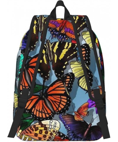 Hand Drawn Color Butterfly Print Unisex Canvas Backpack Cute Backpack For Travel Sports Casual Aesthetic Backpack Black Mediu...