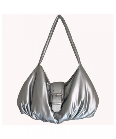 Soft Cloud Armpit Bag PU Leather Ruffles Bag Solid Color Women Padded Shoulder Bag Ladies Leisure Handbag Silver $10.25 Shoul...