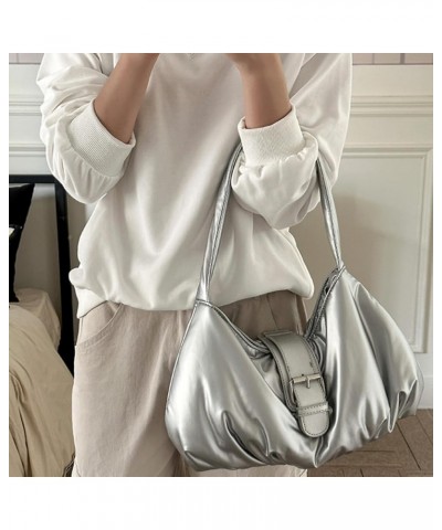 Soft Cloud Armpit Bag PU Leather Ruffles Bag Solid Color Women Padded Shoulder Bag Ladies Leisure Handbag Silver $10.25 Shoul...