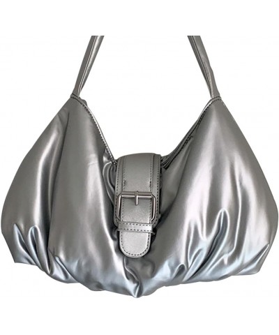 Soft Cloud Armpit Bag PU Leather Ruffles Bag Solid Color Women Padded Shoulder Bag Ladies Leisure Handbag Silver $10.25 Shoul...