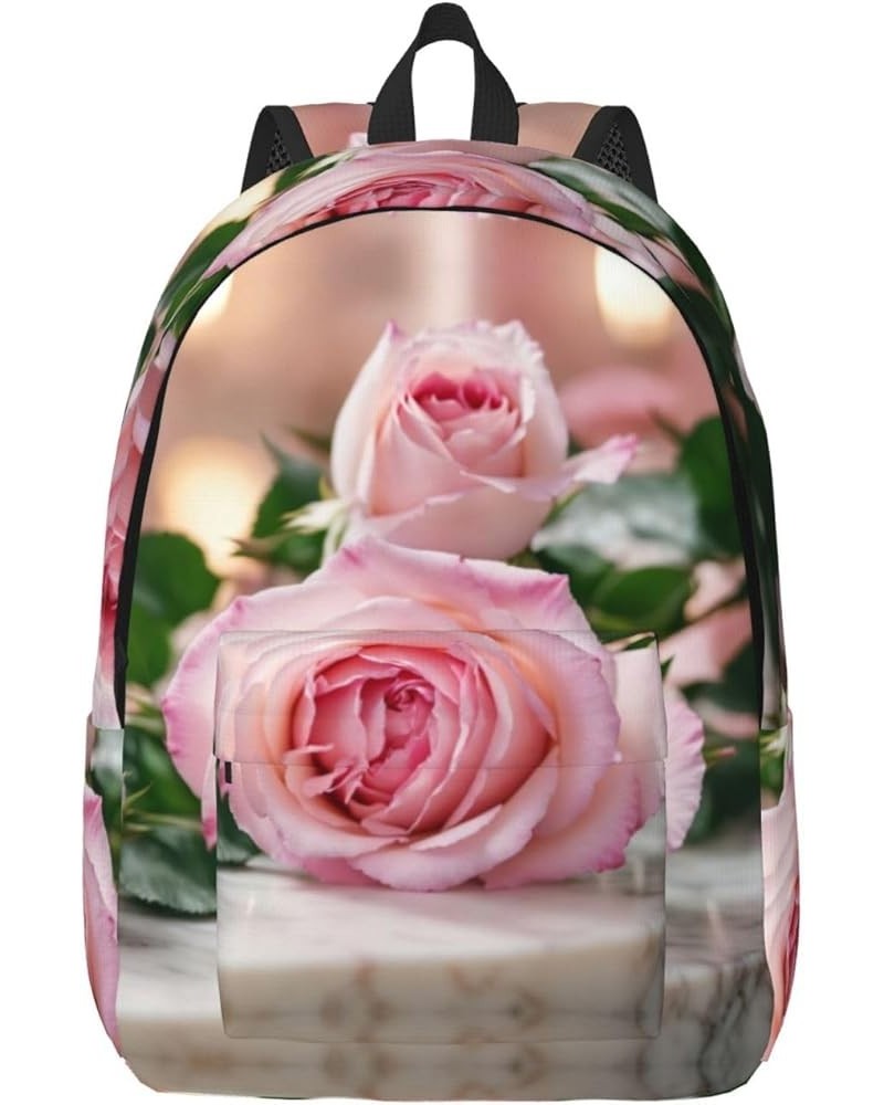 Pink Rose Print Casual Double Shoulder Daypack,Anti-Theft Travel Canvas Backpack For Men And Women Black Medium $20.62 Backpacks