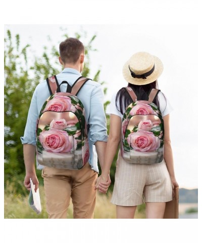 Pink Rose Print Casual Double Shoulder Daypack,Anti-Theft Travel Canvas Backpack For Men And Women Black Medium $20.62 Backpacks