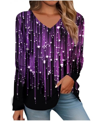 Long Sleeve Shirts for Women Fall V-Neck Blouse Sweatshirts Casual Printed Pullover Tees Loose Long Sleeve Tunics Tops 2-purp...